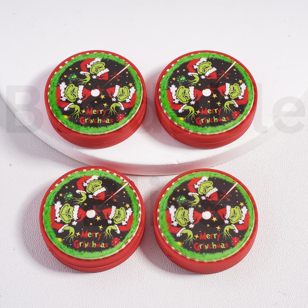 Silicone Focal Beads Cute Green Monster Grinc with Red Christmas Hat, Red Flat Round Shape