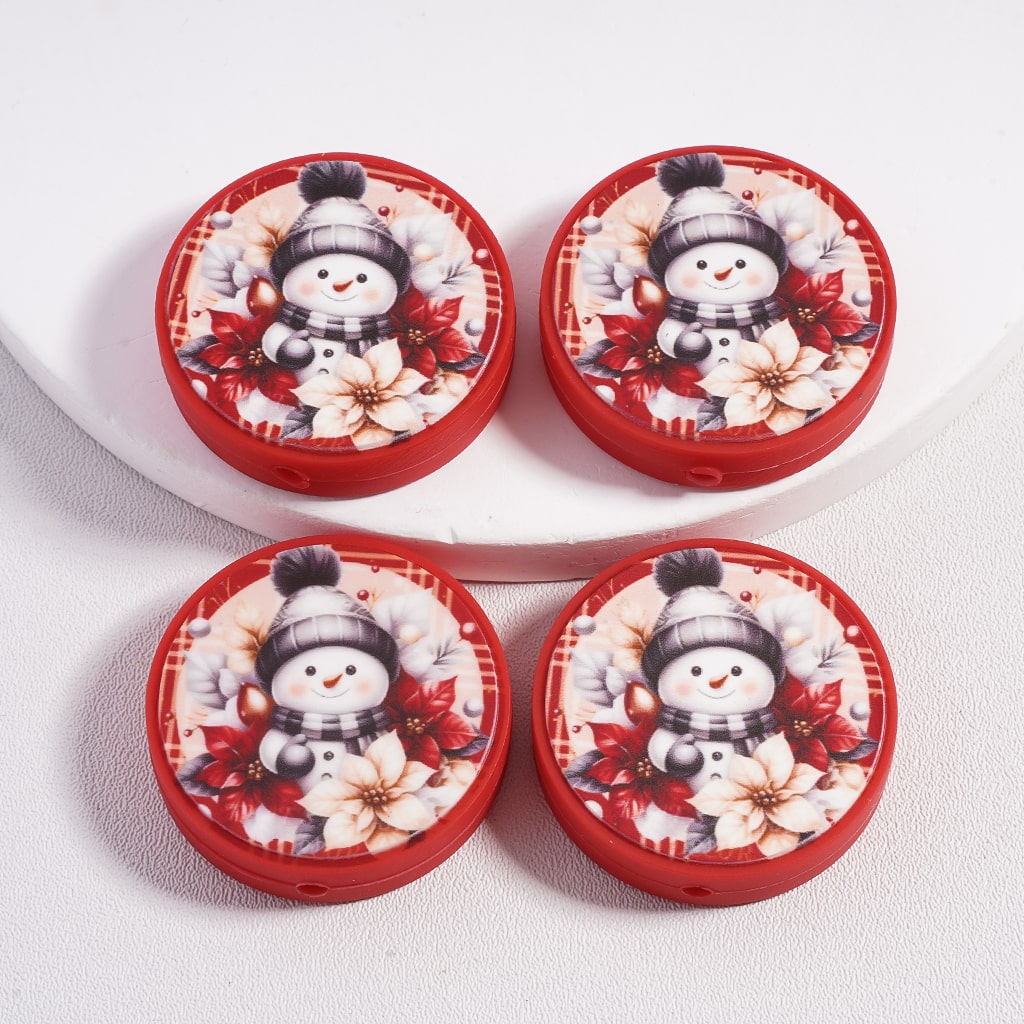 Silicone Focal Beads Cute Snowman Flowers, Red Flat Round Shape