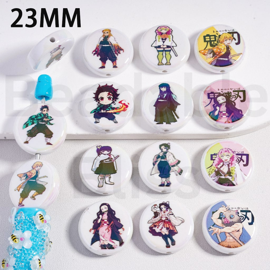 Acrylic Beads UV Coating Demo Slaye Japan Anime Series, Flat Round Shape, 23MM, Random Mix