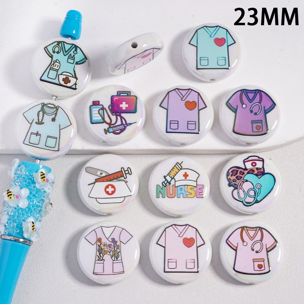 Acrylic Beads UV Coating Nurse Series, Flat Round Shape, 23MM, Random Mix