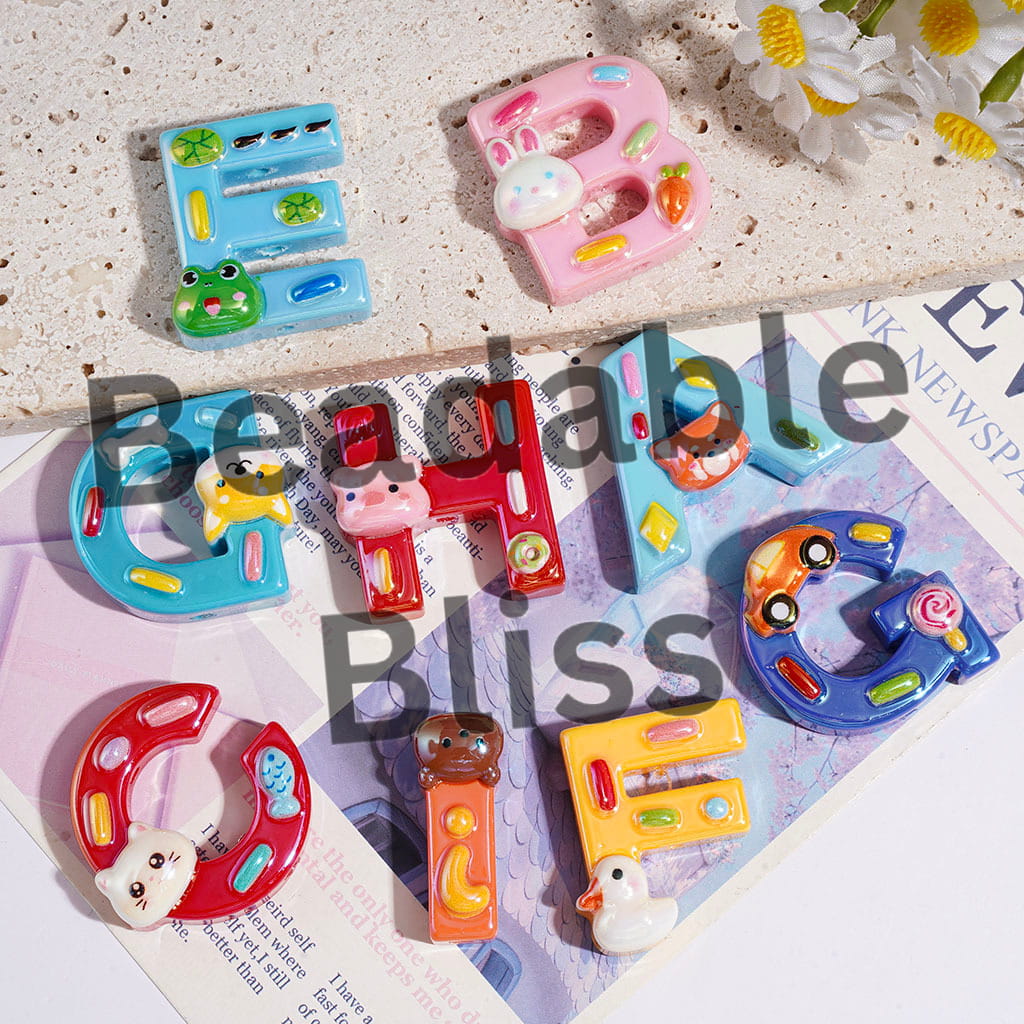 UV-Coated Acrylic Beads Alphabet All Letter with Cartoon Animal Fruit Candy, Random Mix