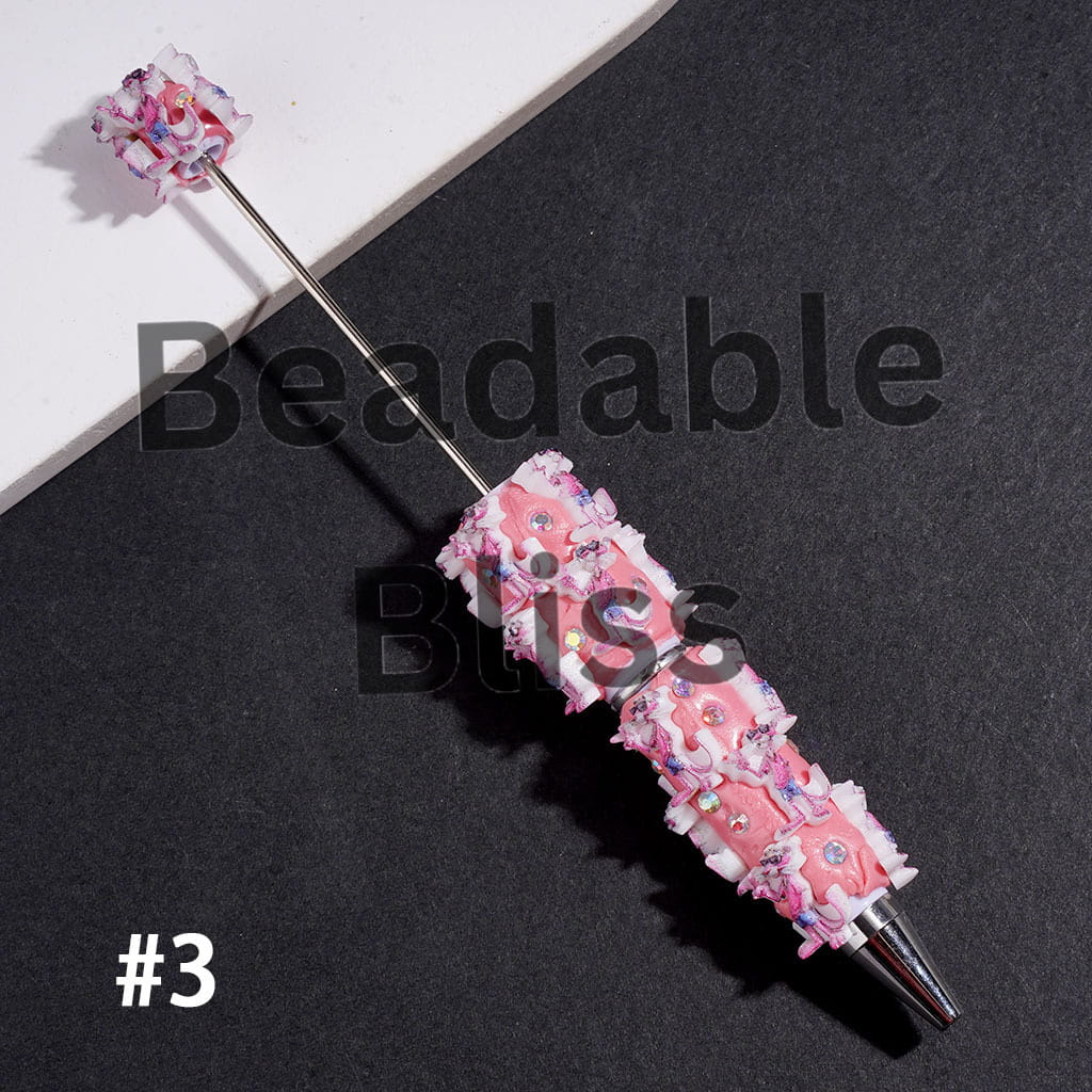 Beadable Clay Pens Pink Leopard Series and AB Rhinestones on Pink Background