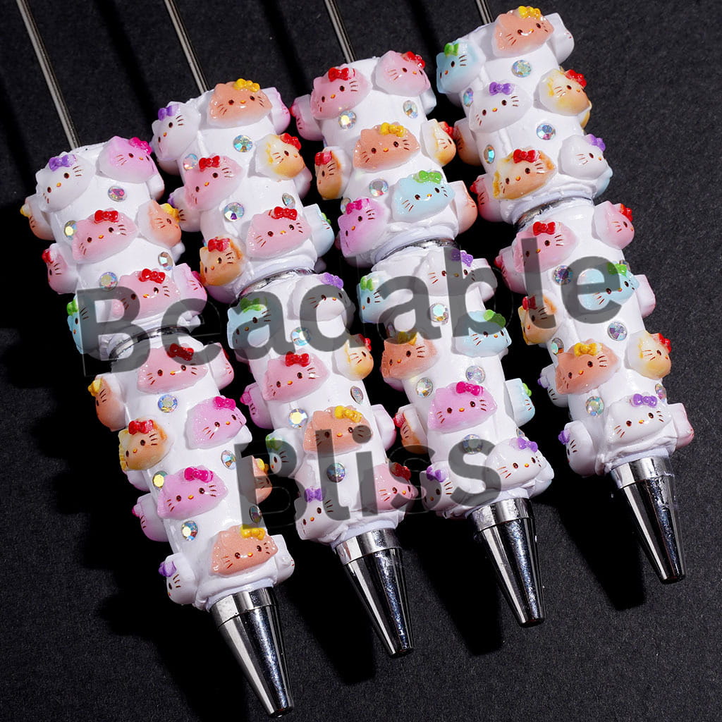 Beadable Clay Pens Dumpling Shape Cute Cat Character with Bowtie and AB Rhinestones, Multi-Color