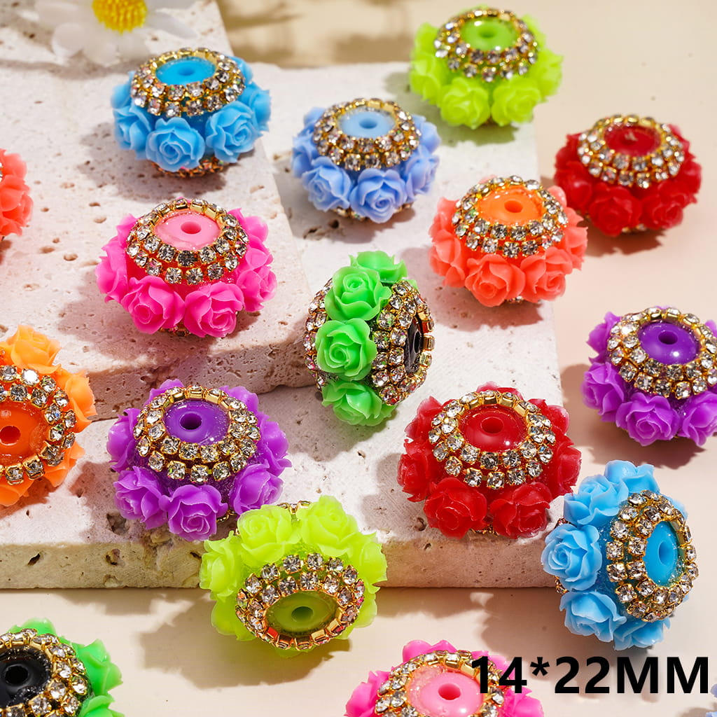 Handmade Acrylic Beads with Rose Flowers and Gold Alloy Chains w Clear Rhinestones, 14*22MM, Fluorescent Colors, Random Mix