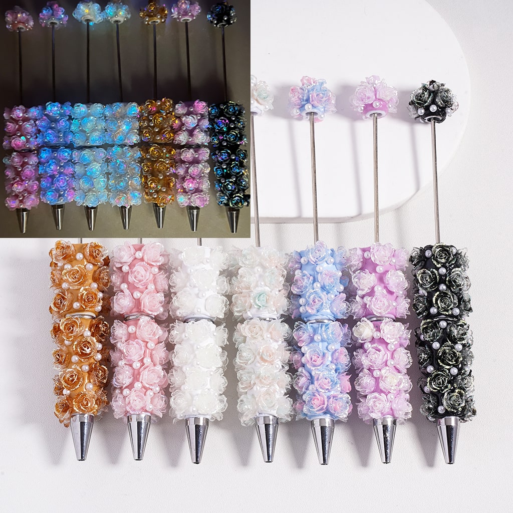 Beadable Clay Pen with Luminous Glitter Flower White Pearls