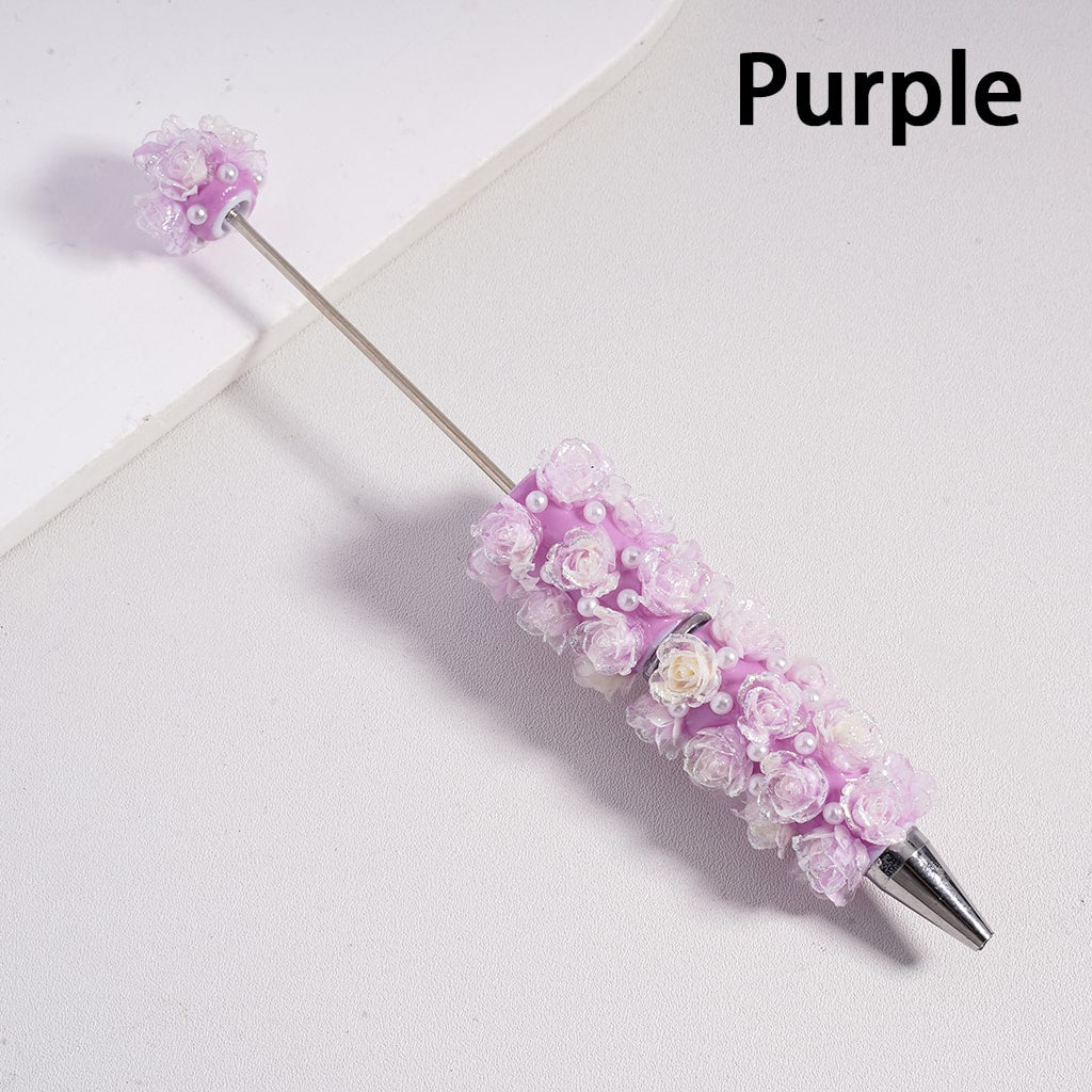 Beadable Clay Pen with Luminous Glitter Flower White Pearls