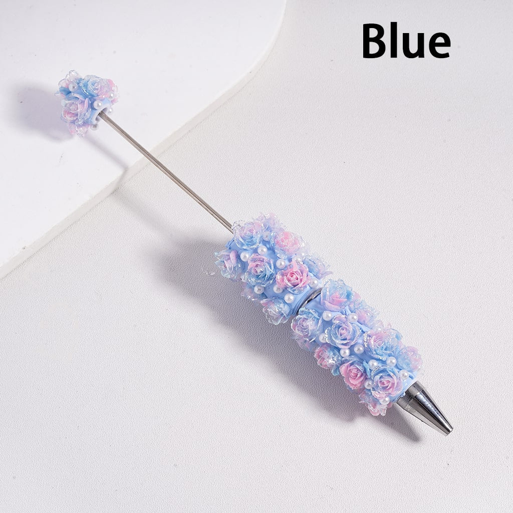 Beadable Clay Pen with Luminous Glitter Flower White Pearls
