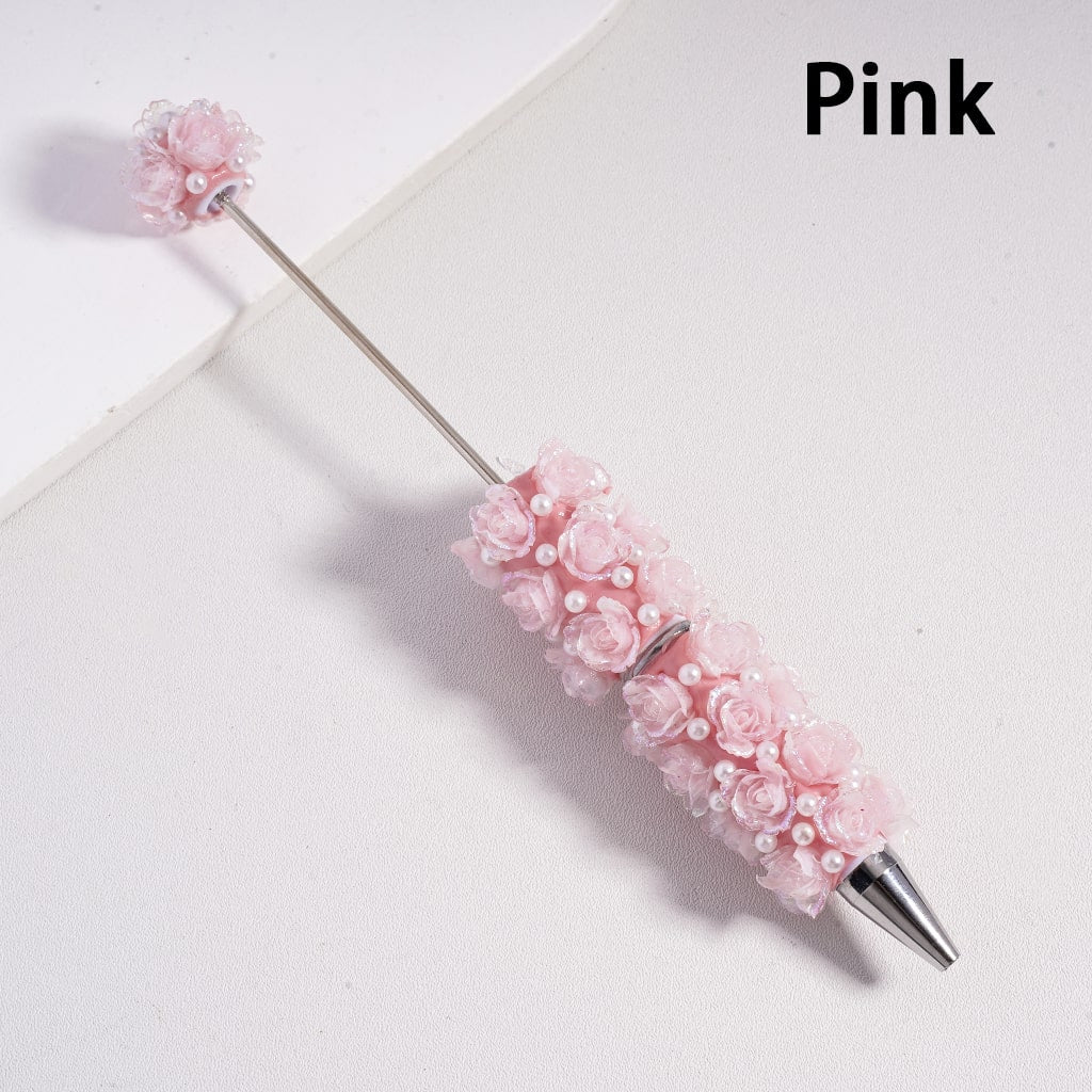 Beadable Clay Pen with Luminous Glitter Flower White Pearls