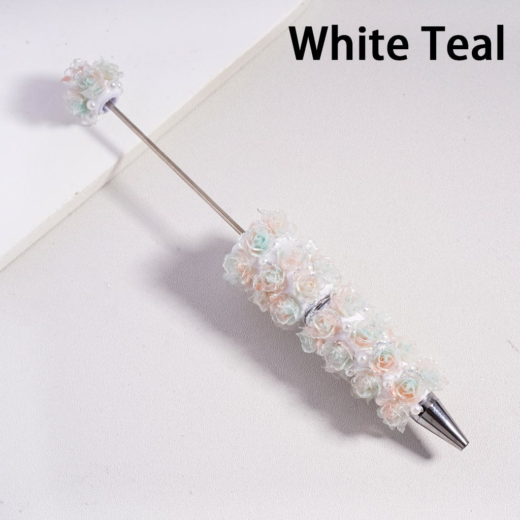 Beadable Clay Pen with Luminous Glitter Flower White Pearls