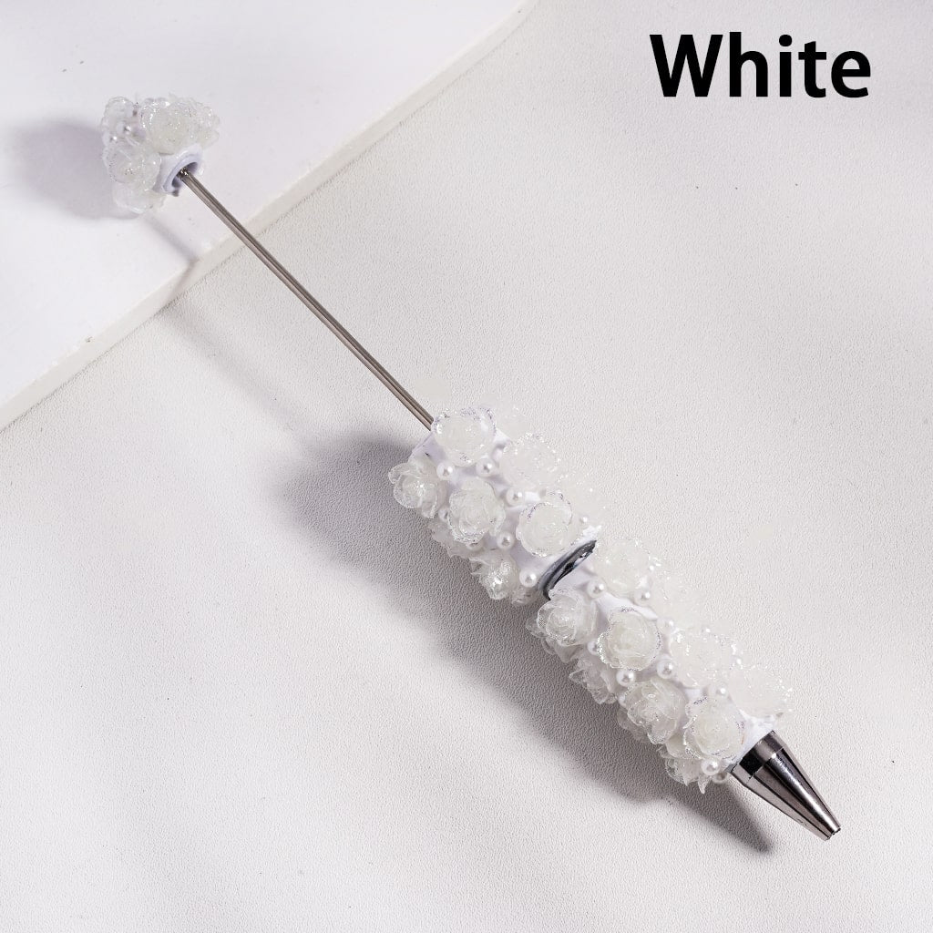 Beadable Clay Pen with Luminous Glitter Flower White Pearls