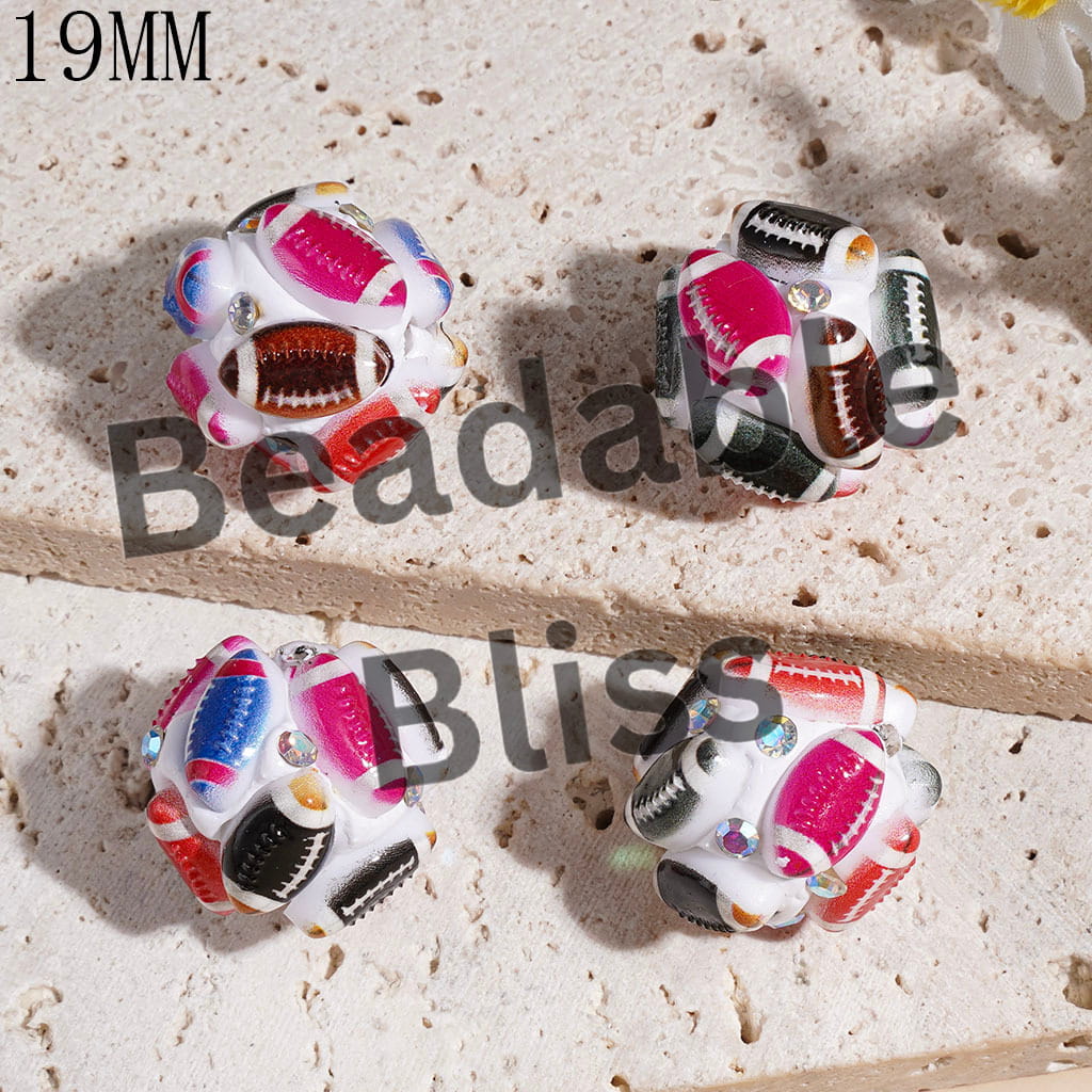 Clay Beads American Football and AB Rhinestones, 19MM Multi-Color