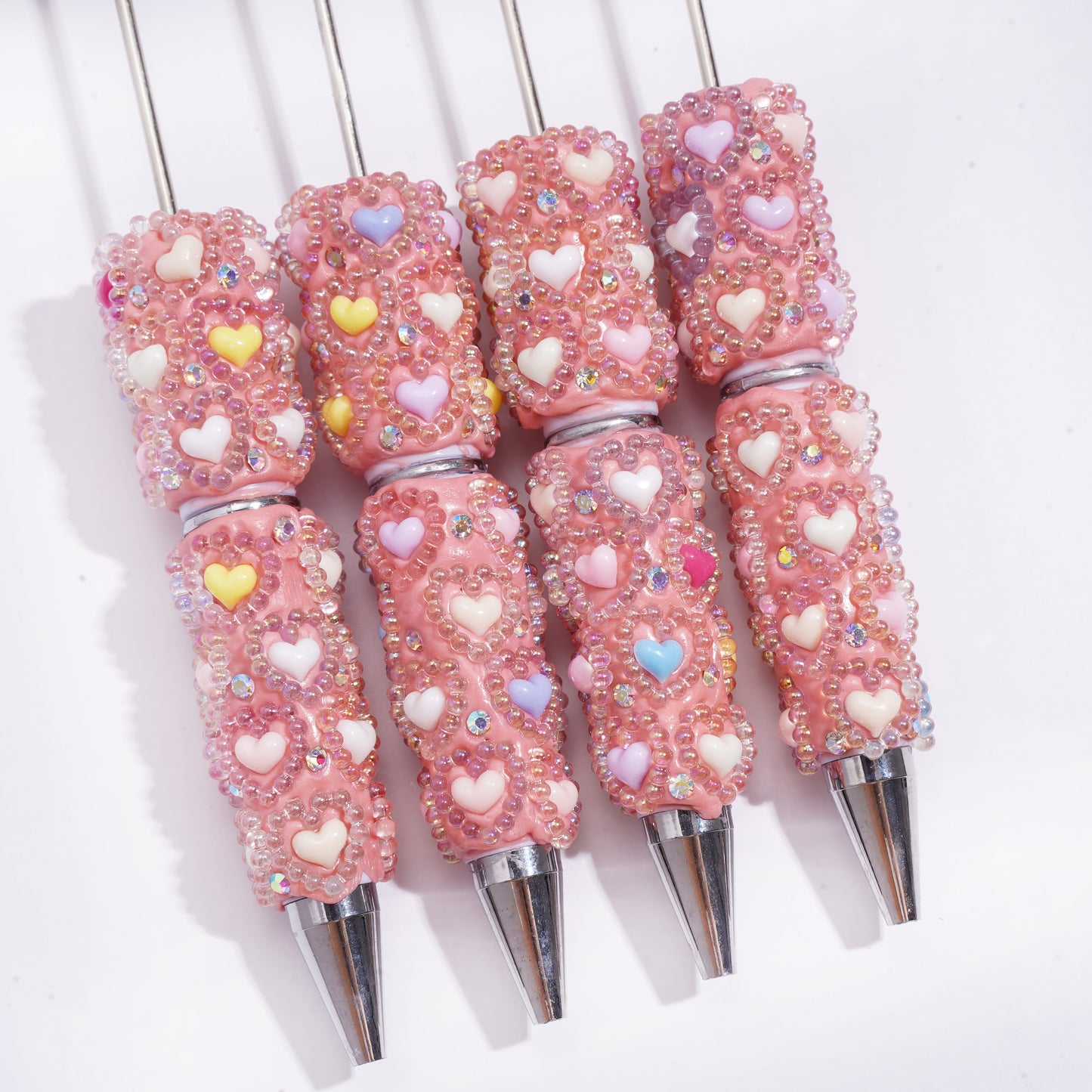 Beadable Clay Pens w UV Coating Hollow Heart-Shaped Pearl Spacers & AB Rhinestones, Macaron Colors Hearts, Pink Pen Body