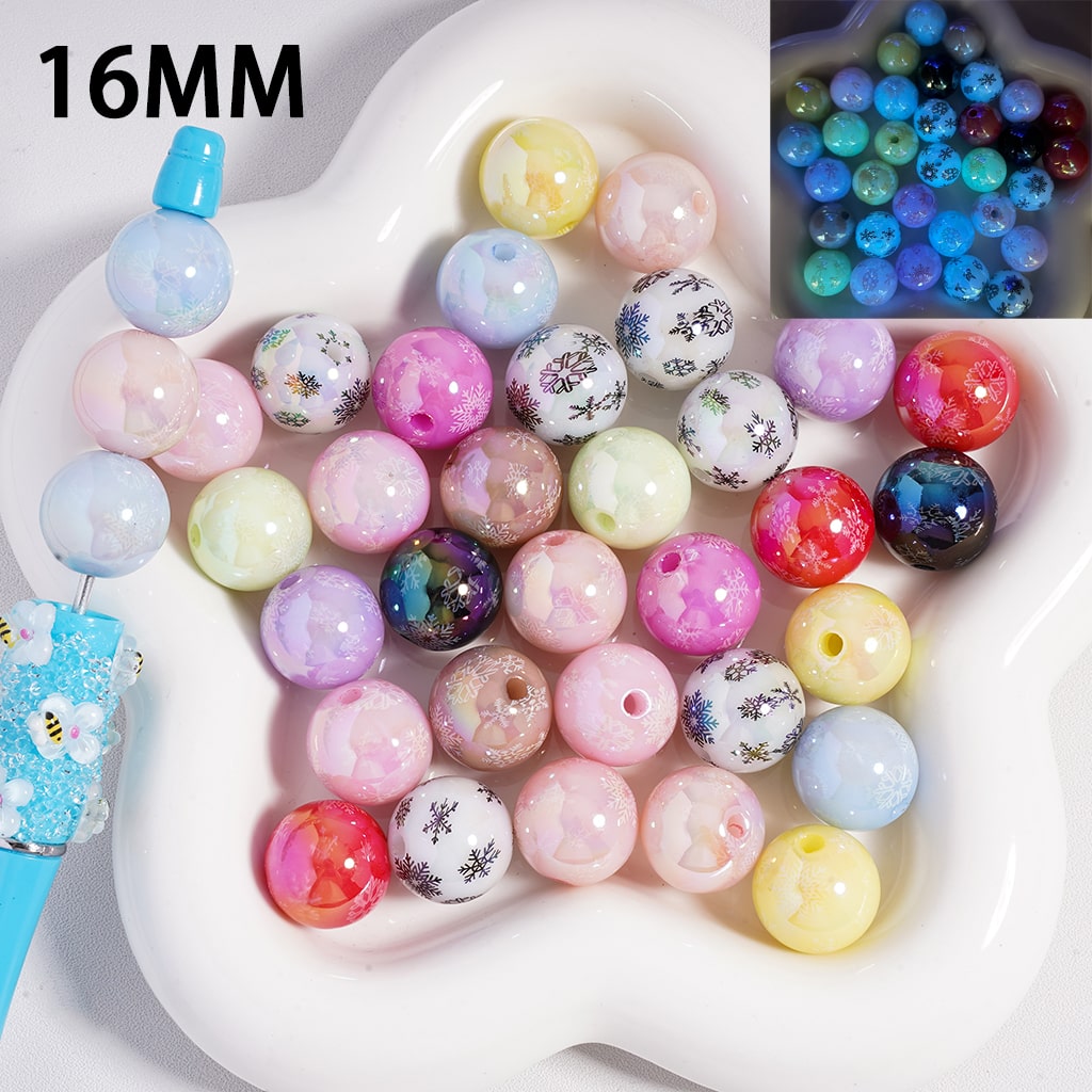 Acrylic Beads UV Coating Luminous Cute Christmas Snowflakes, 16MM, Random Mix