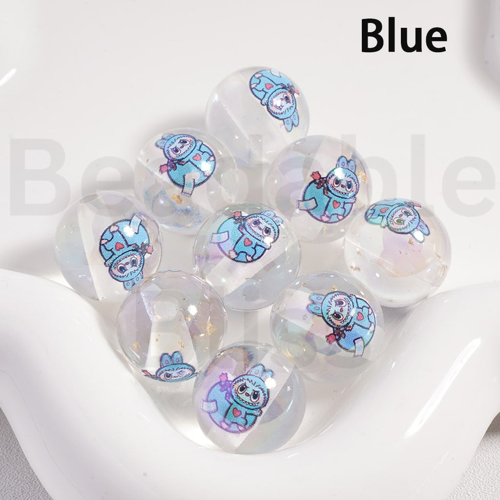 Acrylic Beads UV Coating Cute Blue Pink Cartoon Monster with Gold Silver Foil Paper Inside, Clear, 16MM