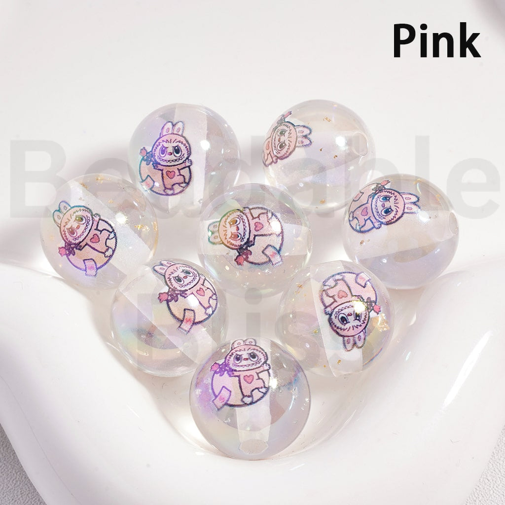 Acrylic Beads UV Coating Cute Blue Pink Cartoon Monster with Gold Silver Foil Paper Inside, Clear, 16MM