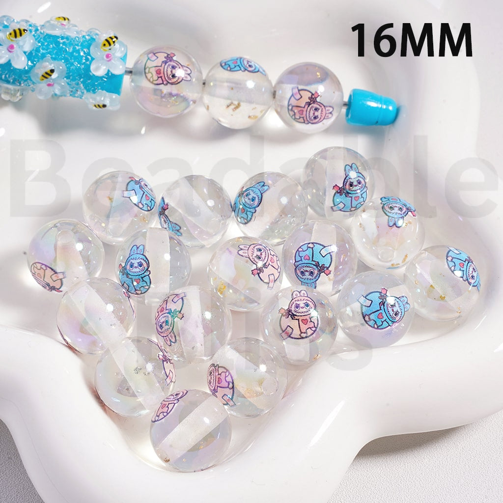 Acrylic Beads UV Coating Cute Blue Pink Cartoon Monster with Gold Silver Foil Paper Inside, Clear, 16MM