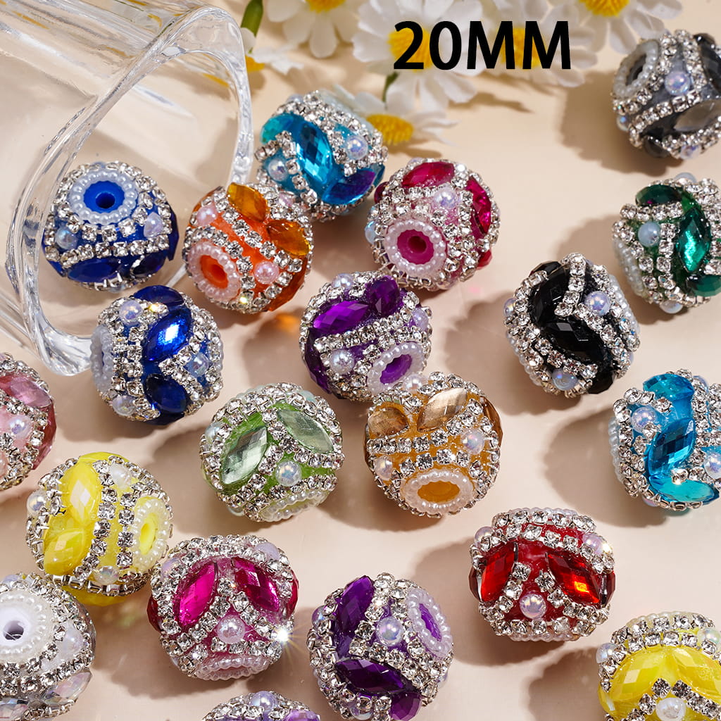 Handmade Acrylic Beads w Leaf Shaped Rhinestones & UV Coated Half-Shell Pearls, Clear Rhinestone & White Pearl Chains, 20MM, Random Mix