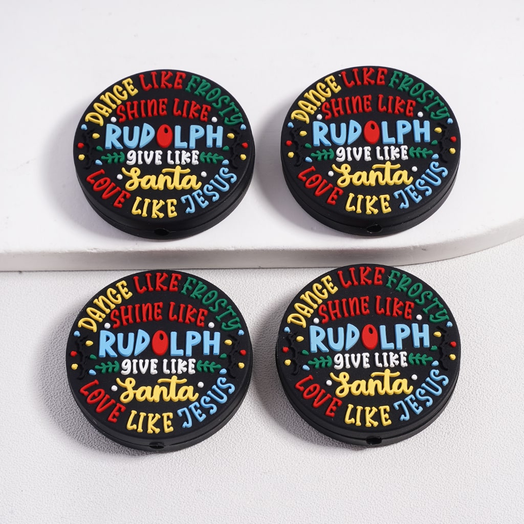 Silicone Focal Beads Dance Like Frosty Shine Like Rudolph Love Like Jesus, Flat Round Shape