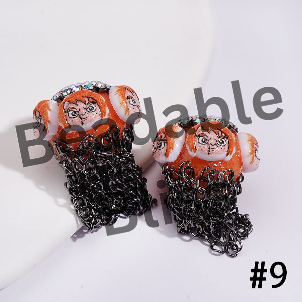 Handmade Acrylic Beads with Spooky Horror Character Series & Gun Black Metal Tassel Chains, White Pearl & AB Rhinestone Chains