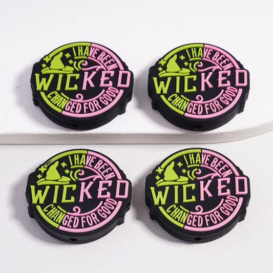 Silicone Focal Beads I Have Been Wicked Change for Good Pink Green Wizard Hat Stars Halloween, Flat Round Shape