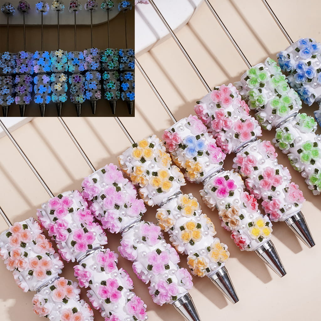 Beadable Clay Pens with Three Flowers and White Pearls, Multi-Color, Random Mix