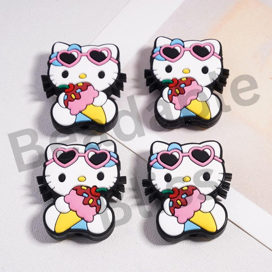 Silicone Focal Beads Cute Cat Eats Ice-cream with Pink Heart Sunglasses
