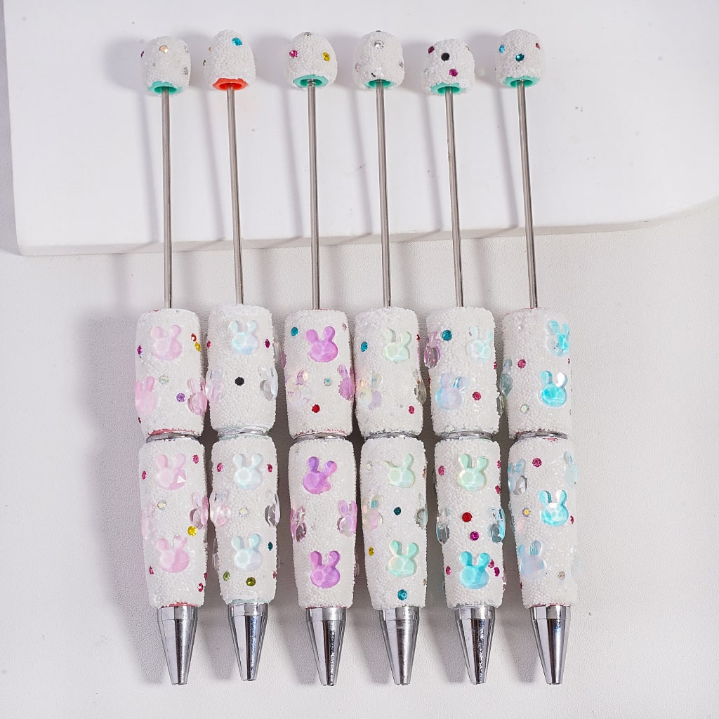 Beadable Clay Pens with Cute Bunny Heads Colorful Shiny Rhinestones Mini Snow Balls Covered the Entire Pen, Random Mix