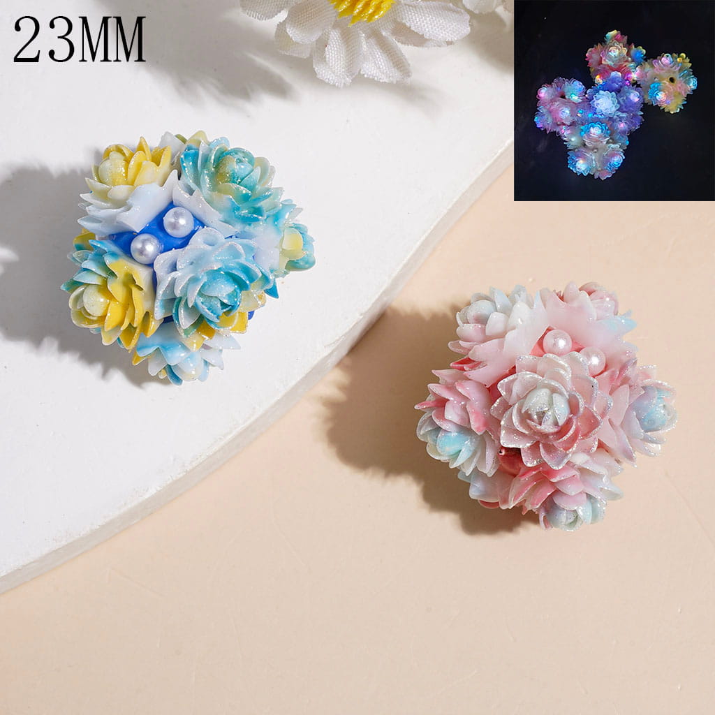 Clay Beads with Luminous & Gradient Color Flower with Glitter and White Pearl, 23MM Random Mix Multi-Color