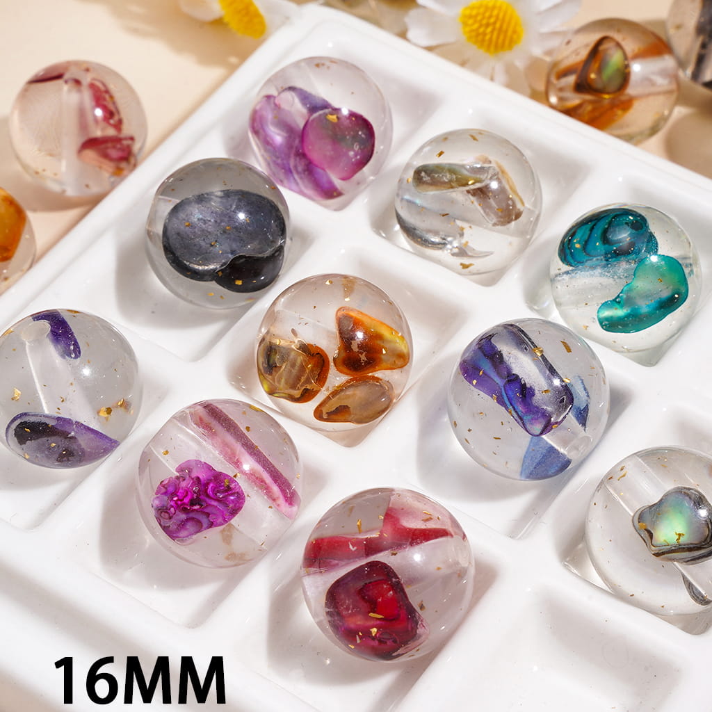Acrylic Beads for Bracelets with Shell Flakes and Gold Foil Papers Embedded Inside Bead, 16MM, Random Mix