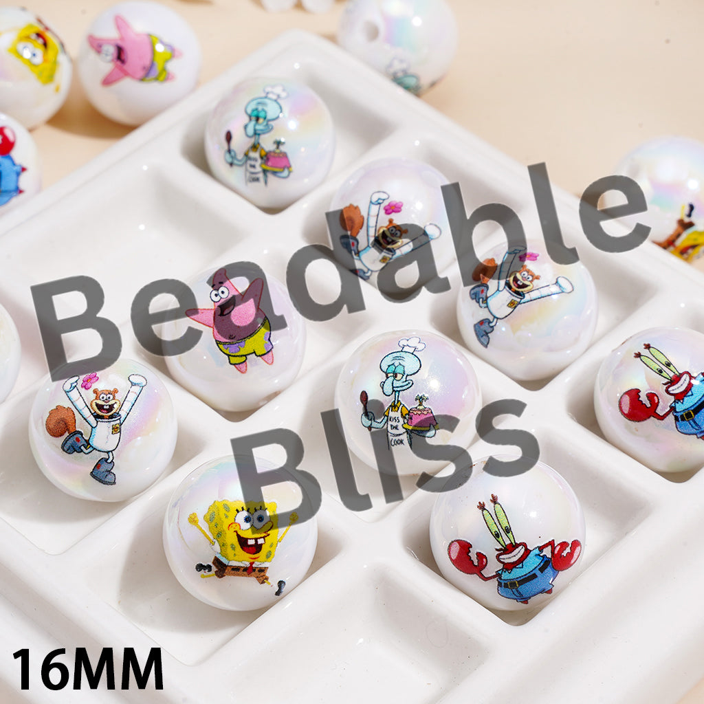 Acrylic Beads for Bracelets UV Coating with Yellow Sponge Baby Character Series Prints, 16MM, Random Mix