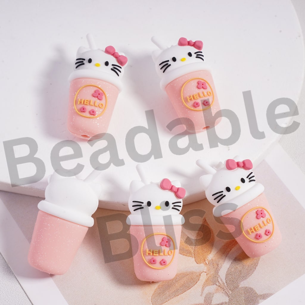 Silicone Focal Beads 3D Cute Cat Milk Tea Cup with Pink Bowtie, Drink