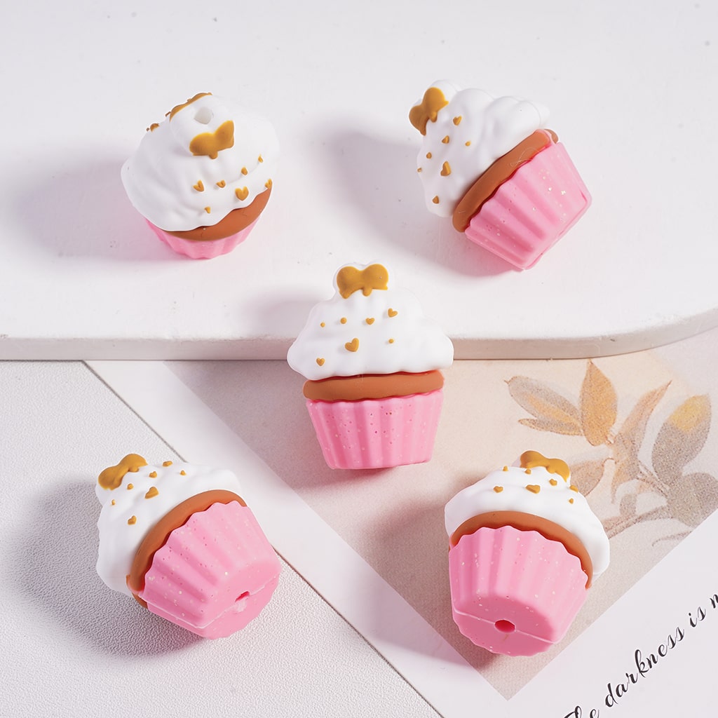 Silicone Focal Beads 3D Cute Cupcake with Golden Hearts and Bowtie