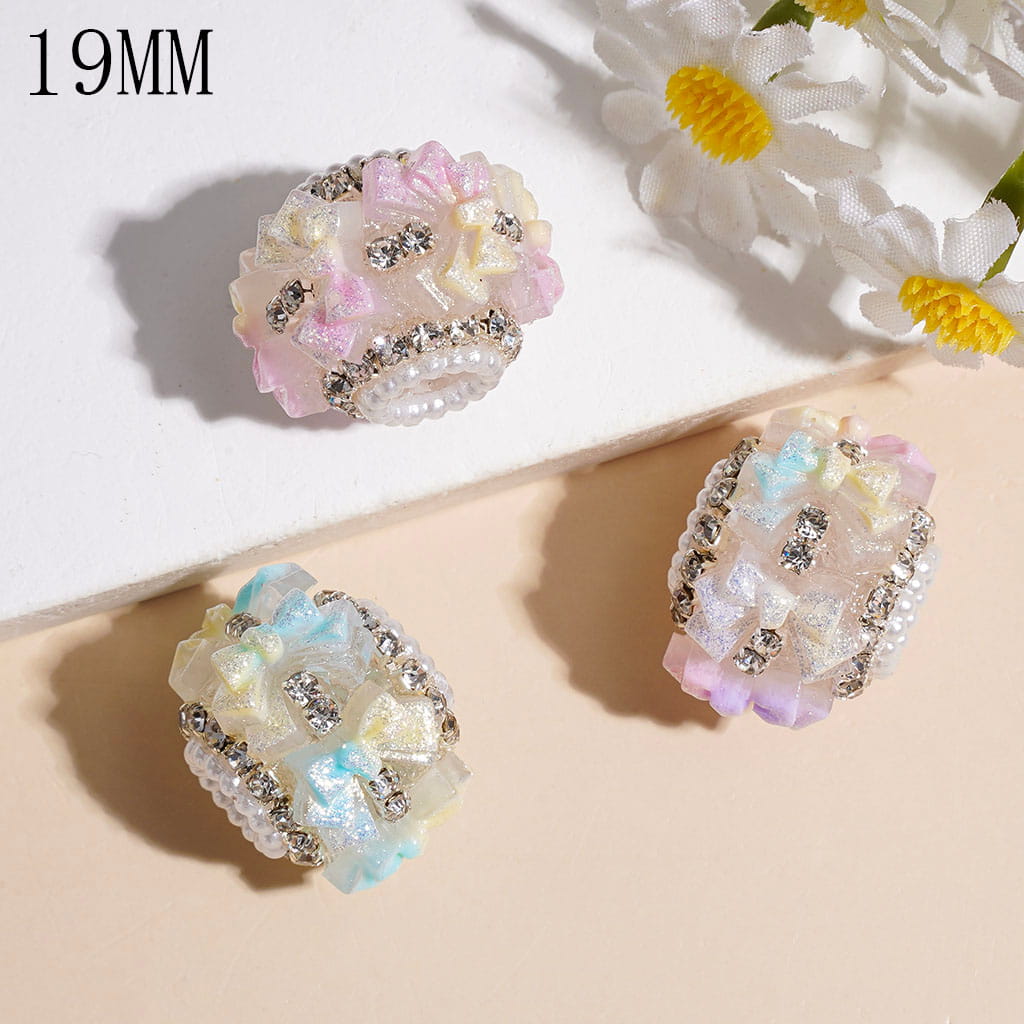 Handmade Acrylic Beads Gradient Color Bowtie with Gold Glitter, Clear Rhinestone and White Pearl Chains, 19MM Multi-Color Random Mix