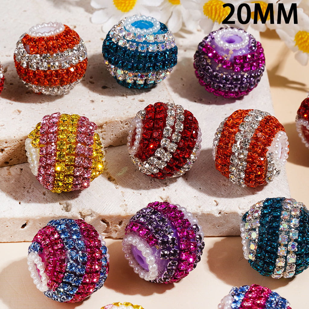 Hand-Made Acrylic Beads with Double Color Spiral Striped Rhinestone Chains, White Pearl Loop, 20MM Multi-Color Random Mix