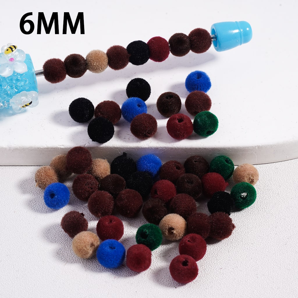 Acrylic Beads Flocked Fluffy, Dark Multi-Color, Random Mix, 6MM