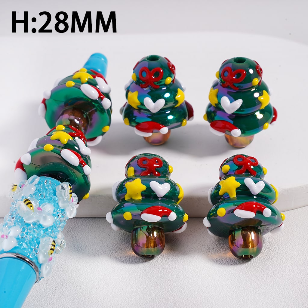 Acrylic Beads UV Coating Green Christmas Tree with Yellow Star Red Bowknot Christmas Hat Height 28MM