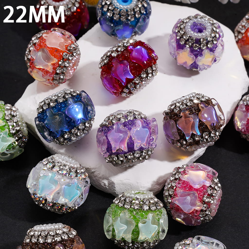Handcrafted Acrylic Sugar Beads with Flat Tulip Bud Shaped Rhinestones, Gun Black Metal Chains w Clear Rhinestones & White Pearl Loop, 22MM, Random Mix