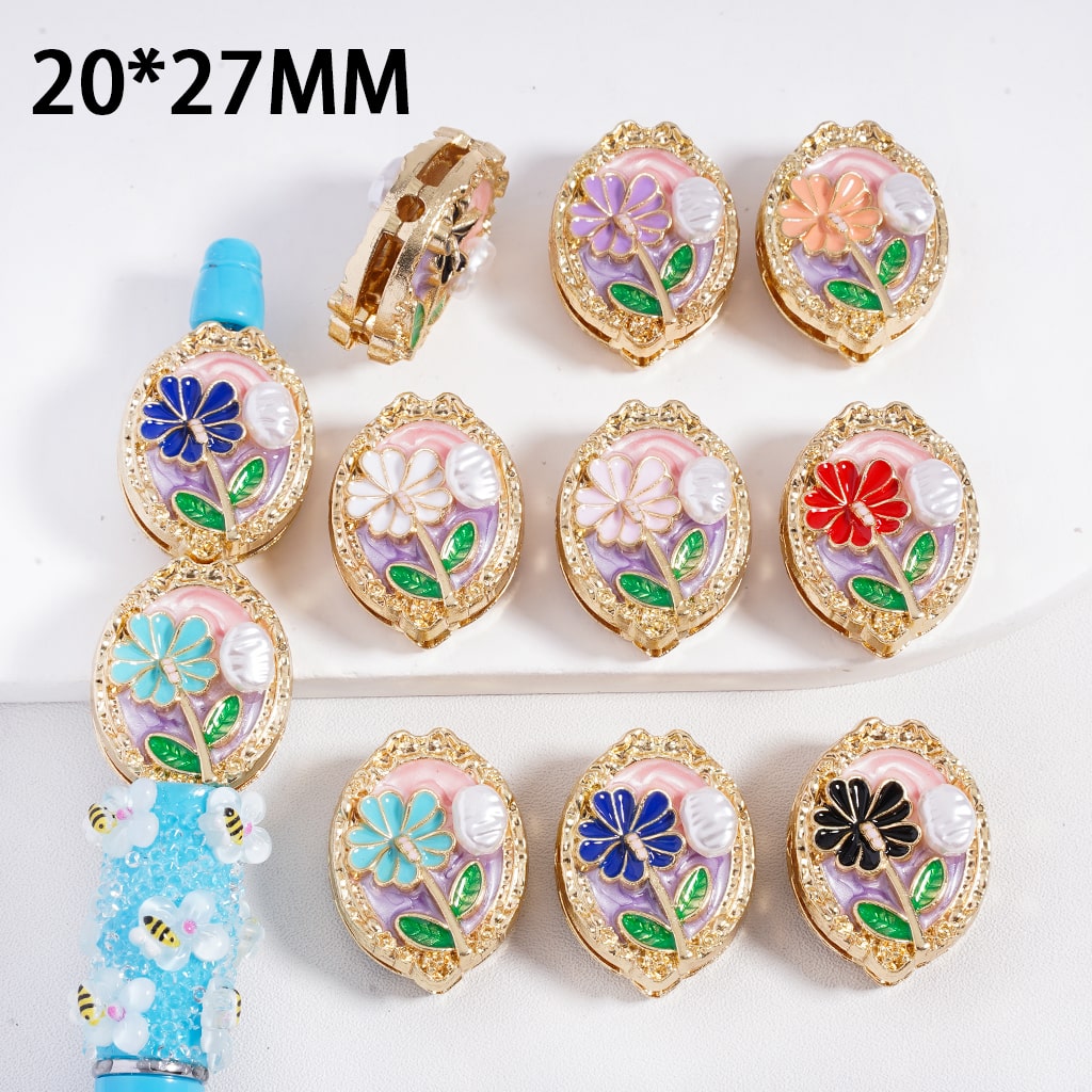 Gold Color Metal Beads with White Pearl beside a Flower, Oval Shape, 20*27MM