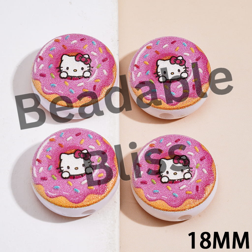 Pink Doughnut Acrylic Beads with Cute Cat Character Prints, 18MM