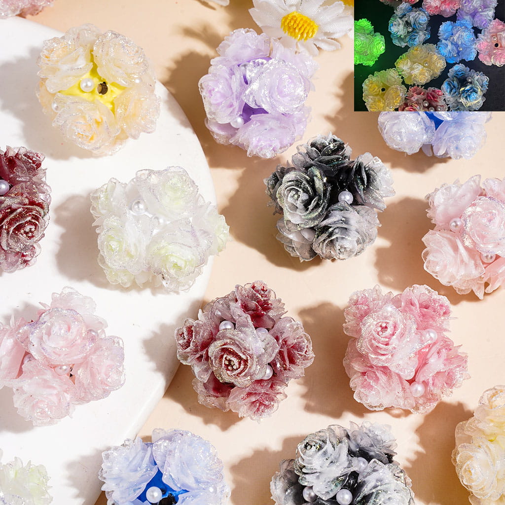 Clay Beads Luminous Flower with Glitter, White Pearl, Random Mix Multi-Color