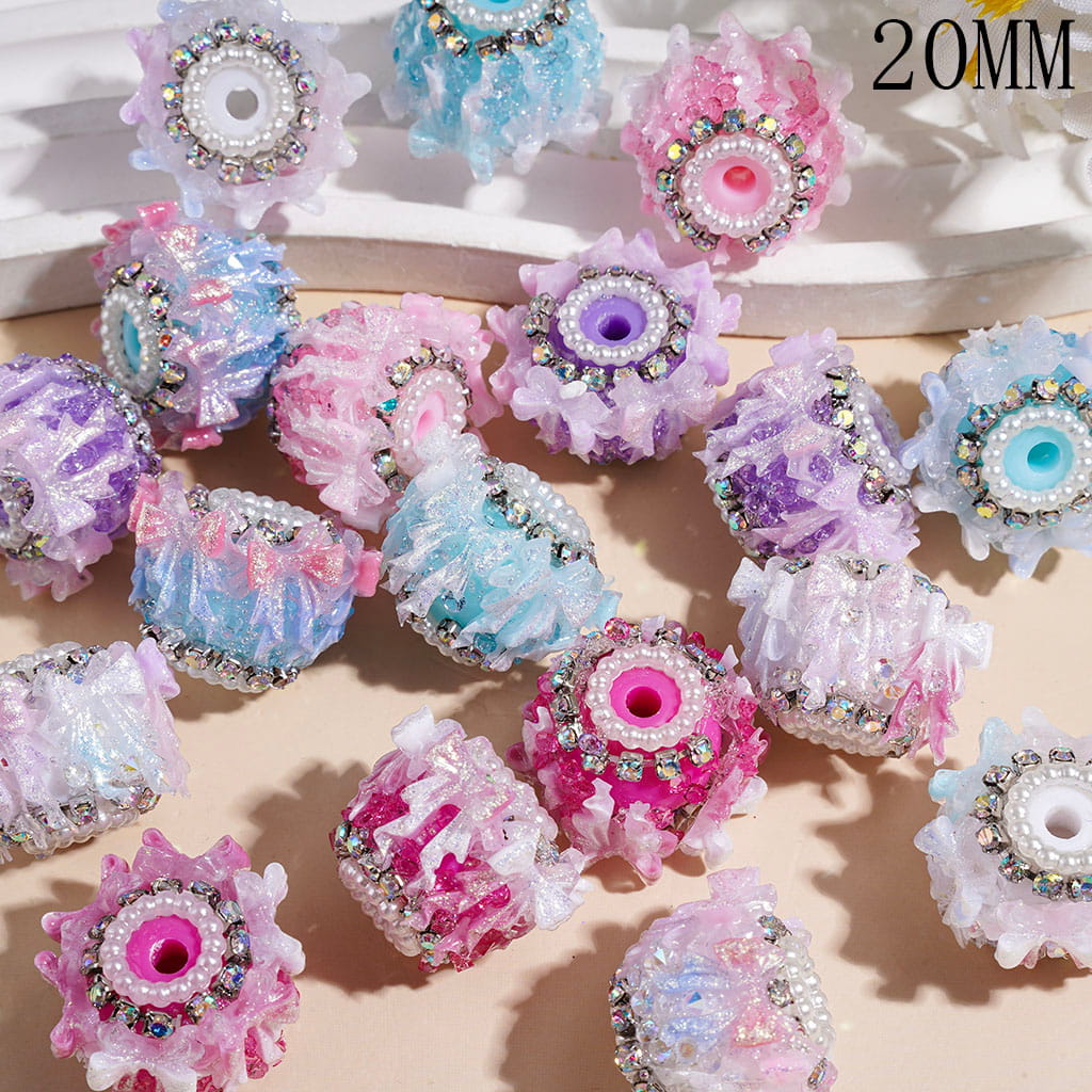 Handmade Acrylic Sugar Beads with Gradient Color Bowtie with Gold Glitter, AB Rhinestone and White Pearl Chains, 20MM Random Mix Multi-Color