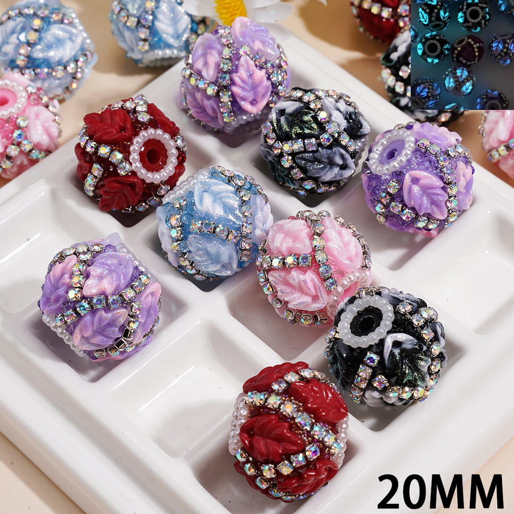 Hand-Made Acrylic Sugar Beads w Luminous Fine Rhine Leaf Design, AB Rhinestone Chain & Pearl Trim, 20MM, Random Mix