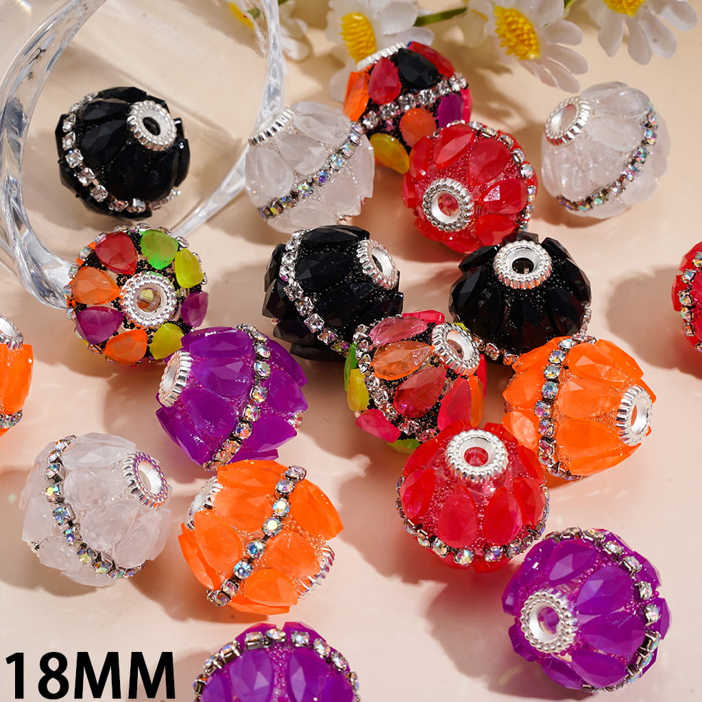 Hand-Made Acrylic Sugar Beads w Fluorescent Teardrop Rhinestones, AB Clear Rhinestone Chain & Silver Metal End Caps, 18MM, Random Mix