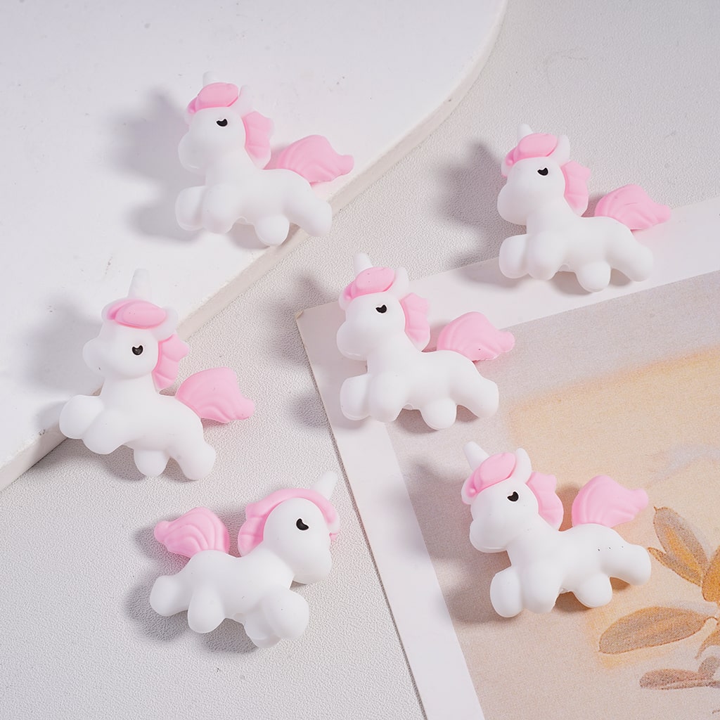 Silicone Focal Beads 3D Cute White Unicorn Pony with Pink Mane and Tail