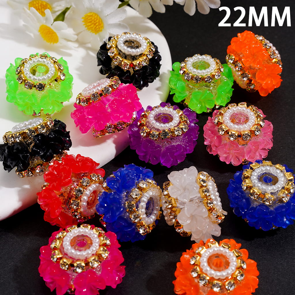 Hand-Made Acrylic Beads w Fluorescent Five Petal Flower, Gold AB Rhinestone Chain & Translucent, 22MM, Random Mix