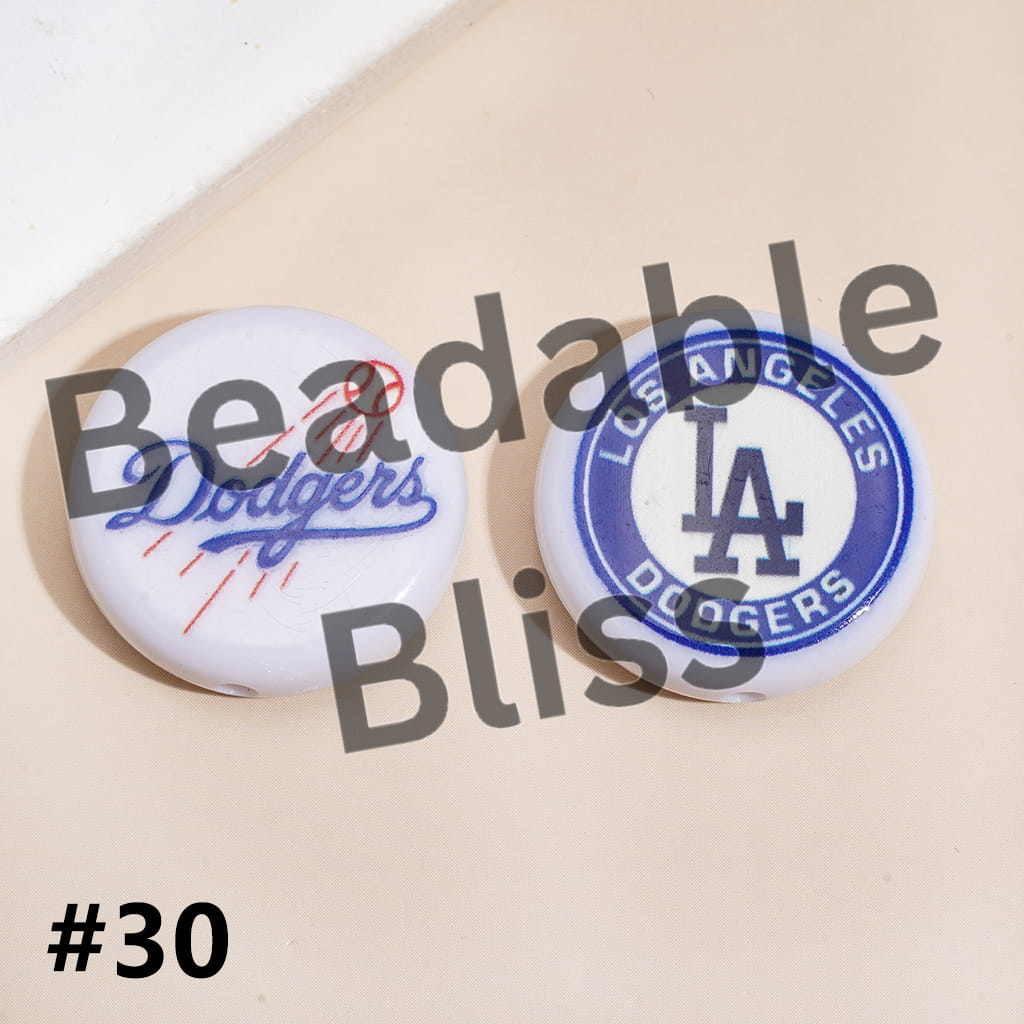 Acrylic Beads UV Coating with Sports American Baseball Series, Around 24MM, Flat Round Shape