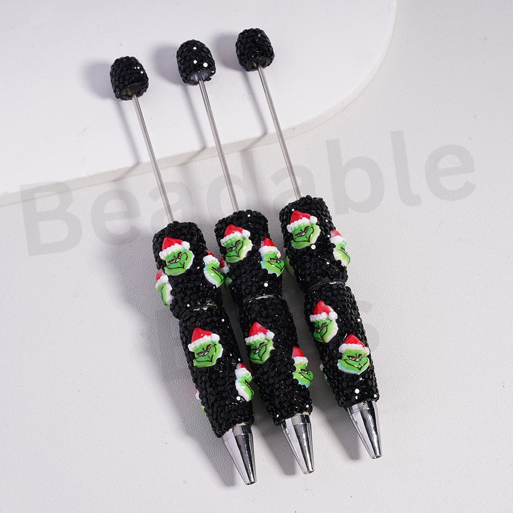 Beadable Pens with Clay Cute Green Monster with Christmas Hat AB & Black Rhinestones