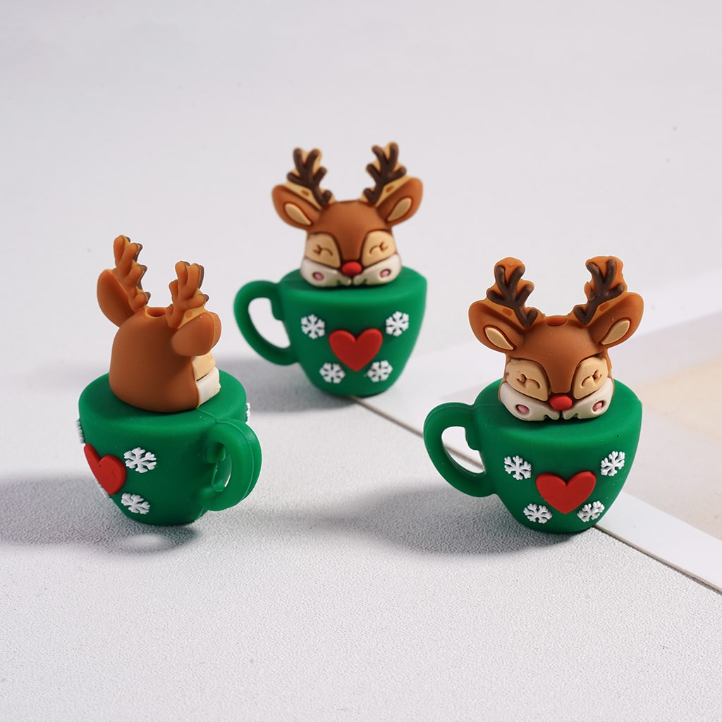 Silicone Focal Beads 3D Cute Santa Claus Reindeer Cup Christmas Series with Red Heart Snowflake