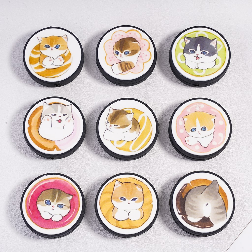 Silicone Focal Beads Cute Cat Series with Different Designs, Flat Round Shape, Random Mix