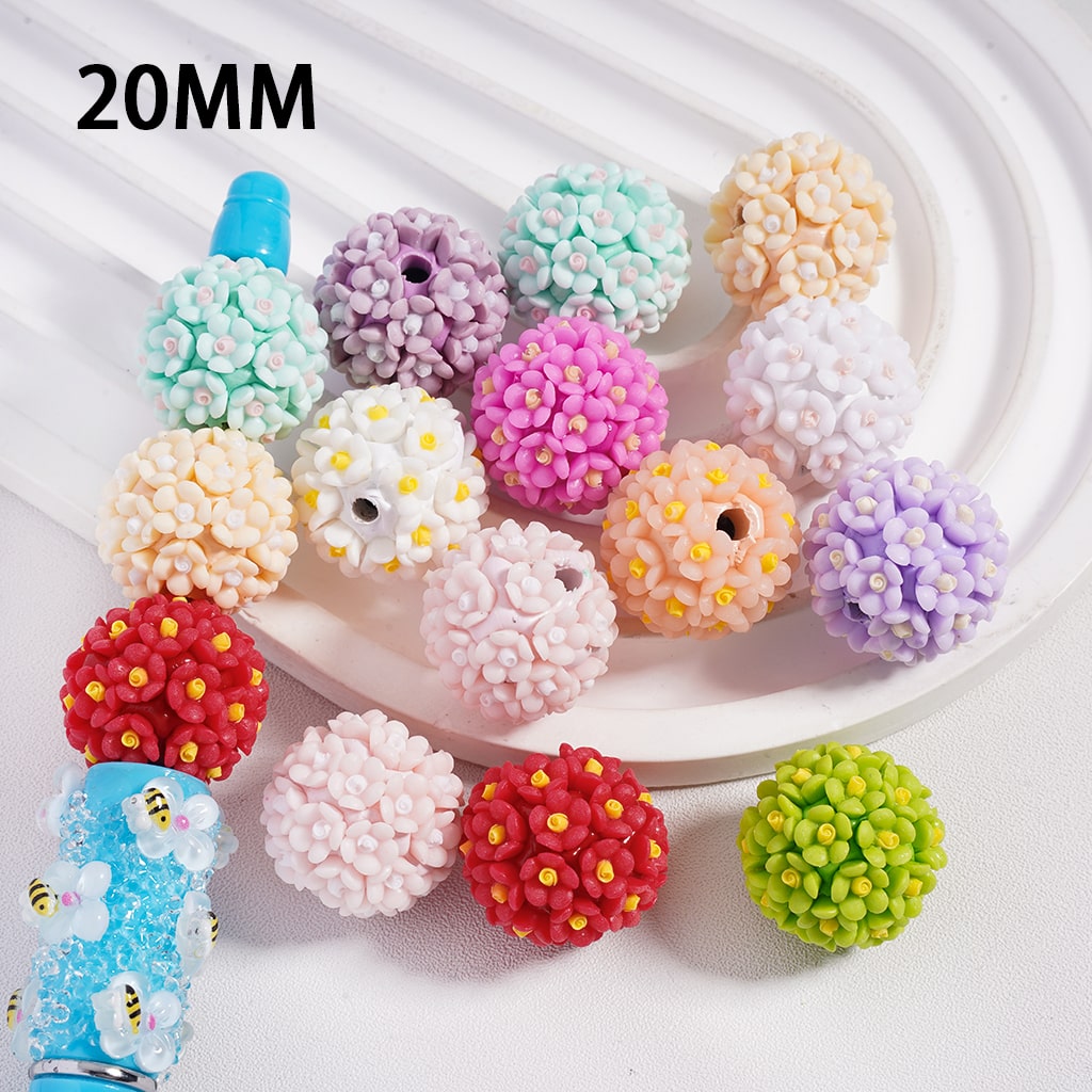 Round Clay Beads with Double Color Flowers Lovely Style Solid Colors, 20MM, Random Mix